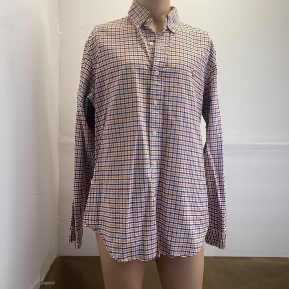 Ralph Lauren Shirt Mens Sz L Orange Blue Check Button Down Classic Fit Pony Used - Picture 1 of 9